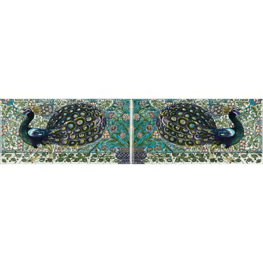 William De Morgan Peacock Border 2-Tile Set on Brilliant White