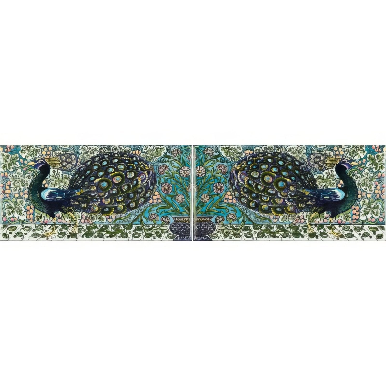 Two ornate hand-painted ceramic tiles with blue and green peacock designs on a brilliant white background by william de morgan