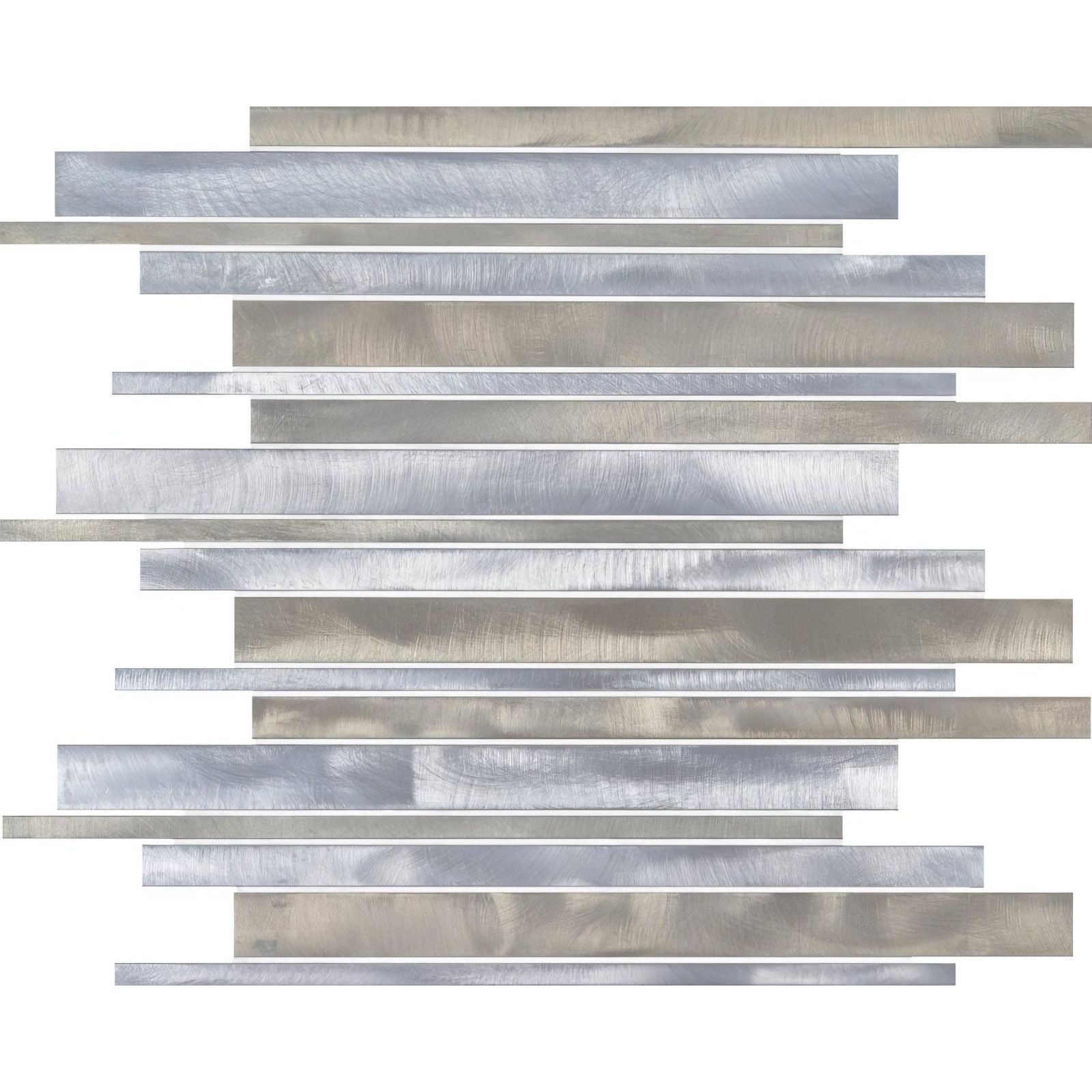 Silver metallic glass mosaic tile with brushed linear strips in a staggered pattern for willis aluminium mosaic