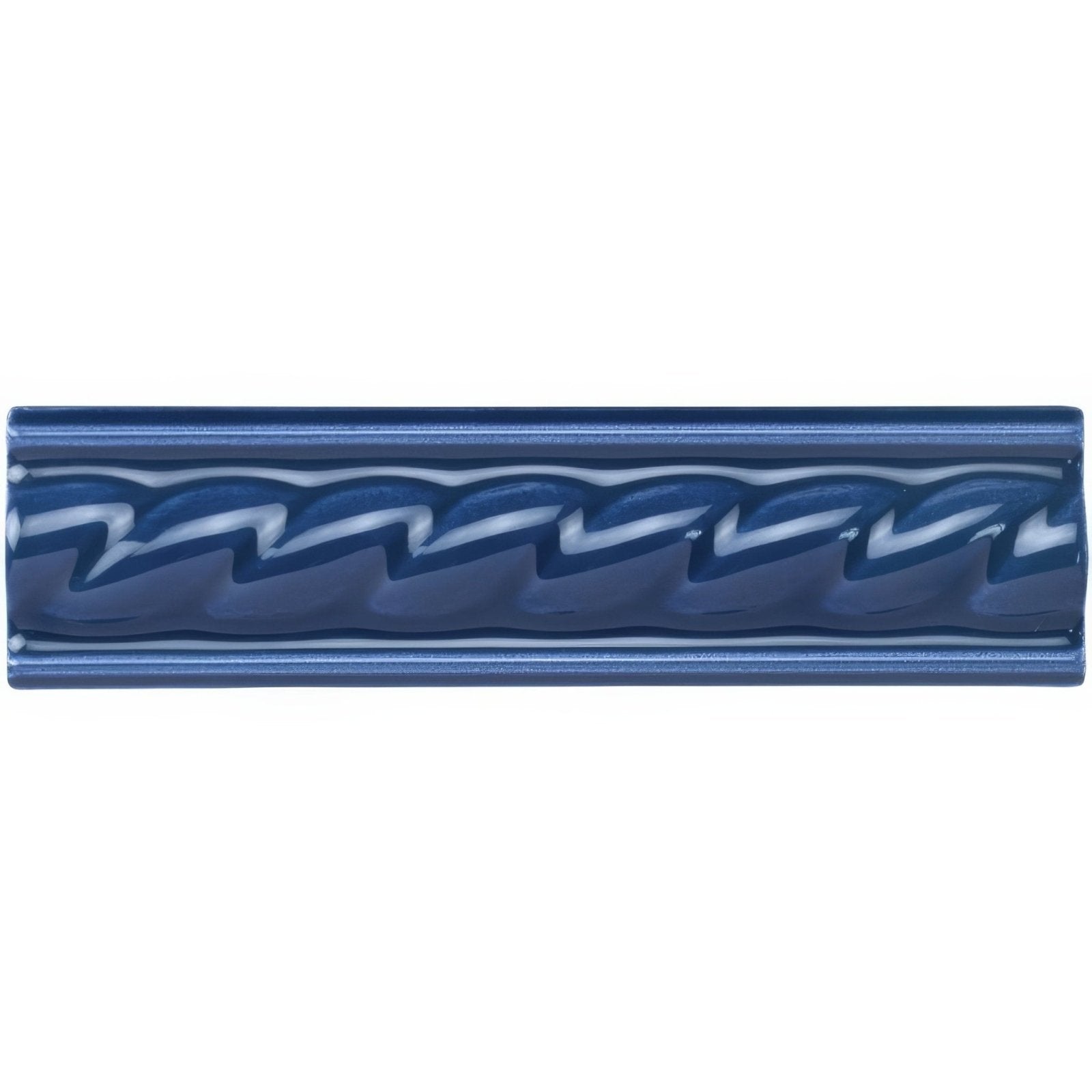 Deep blue glossy ceramic tile with embossed wavy pattern from windsor blue rope moulding collection