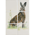 Wise hare 6 tile panel ceramic mural with detailed watercolor illustration of brown and black hare standing in grass
