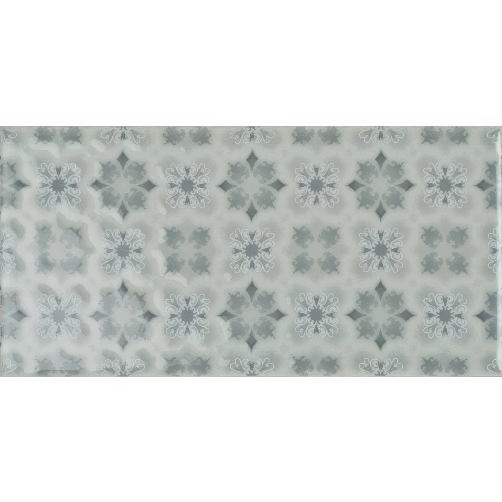 A rectangular ceramic tile wisley on sudbury with a subtle gray and white ornamental pattern on a light background