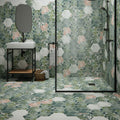 Woodland glade porcelain bathroom tiles with hexagonal green and pink floral pattern and white accents