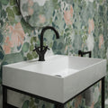 Black matte-finish faucet with cross-shaped handles on a white porcelain woodland glade rectangular sink