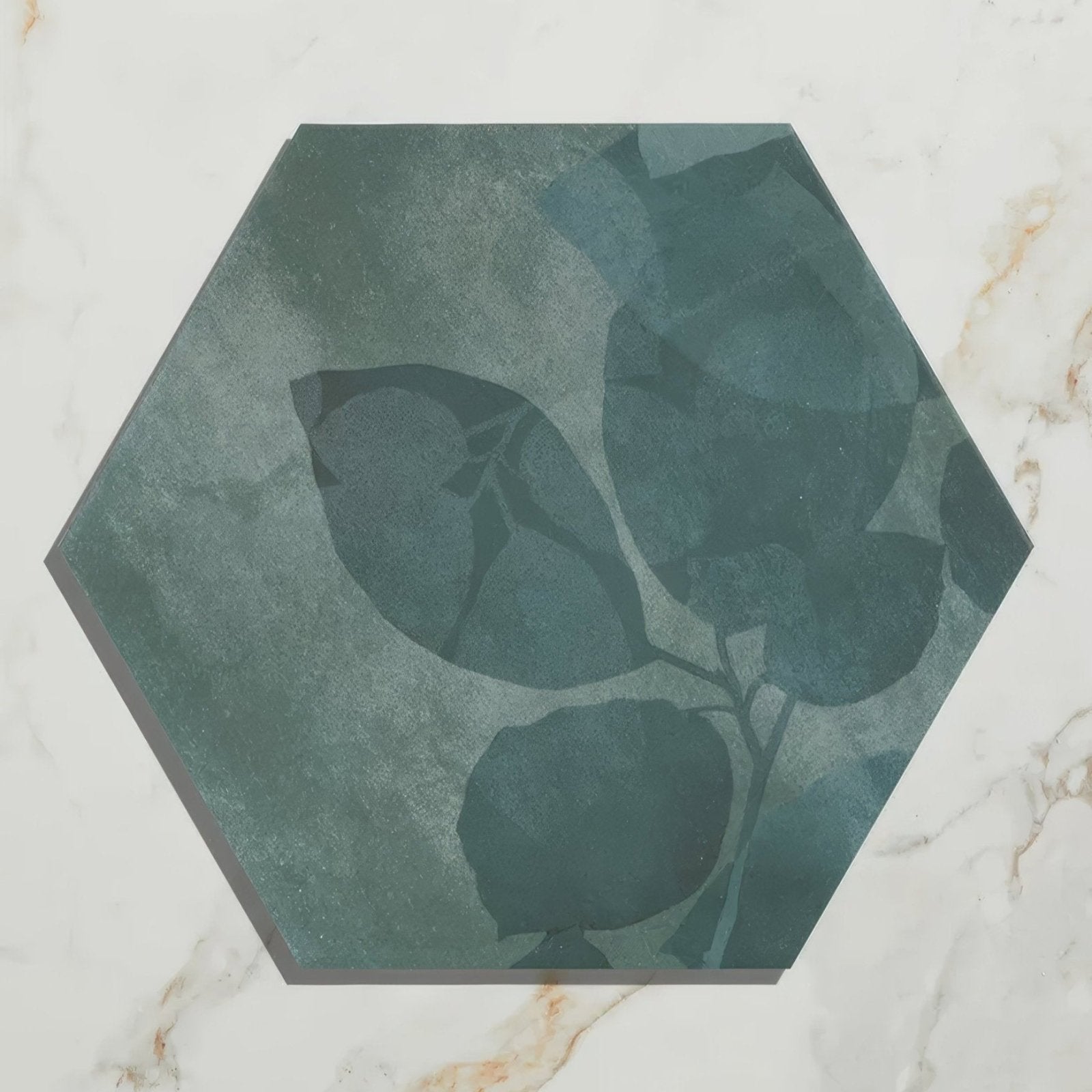 Dark green hexagonal porcelain tile with subtle leaf pattern from woodland glade collection