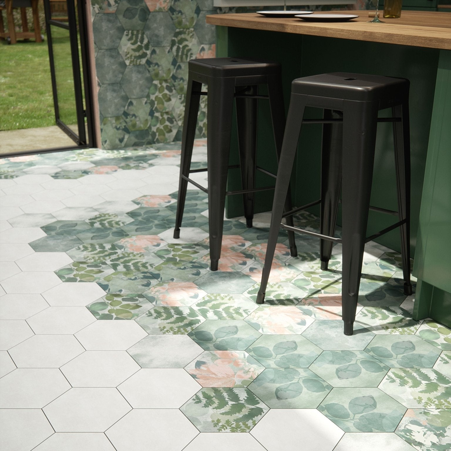 Black metal bar stools with minimalist design and square seats featured in woodland glade porcelain product line