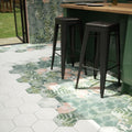 Black metal bar stools with minimalist design and square seats featured in woodland glade porcelain product line