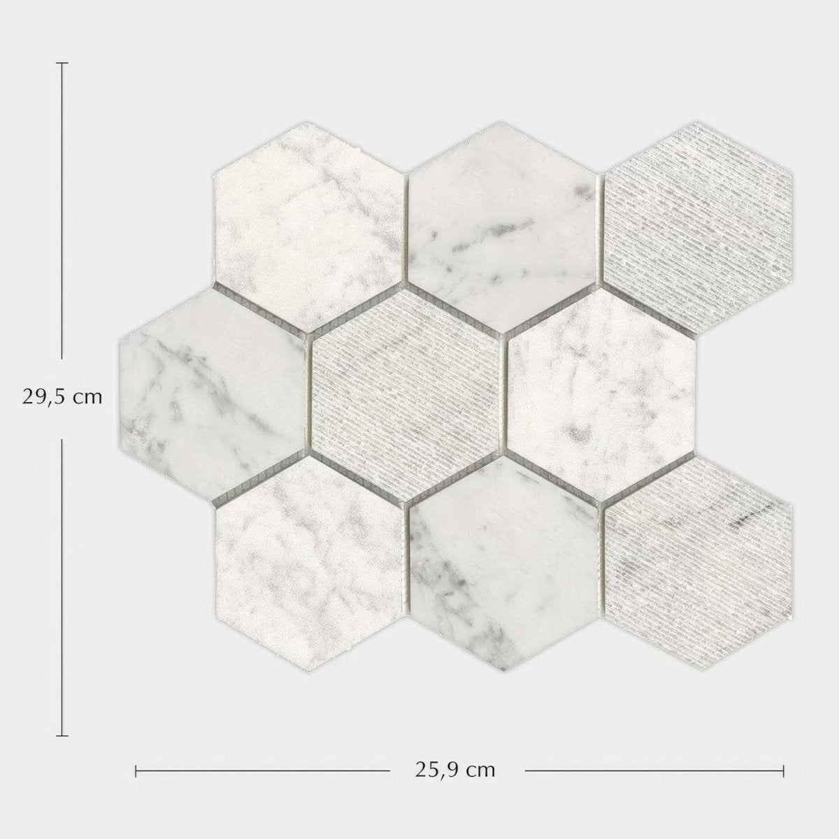 World hexagon tex white mosaic panel featuring white and gray hexagonal marble tiles with textured silver accent piece