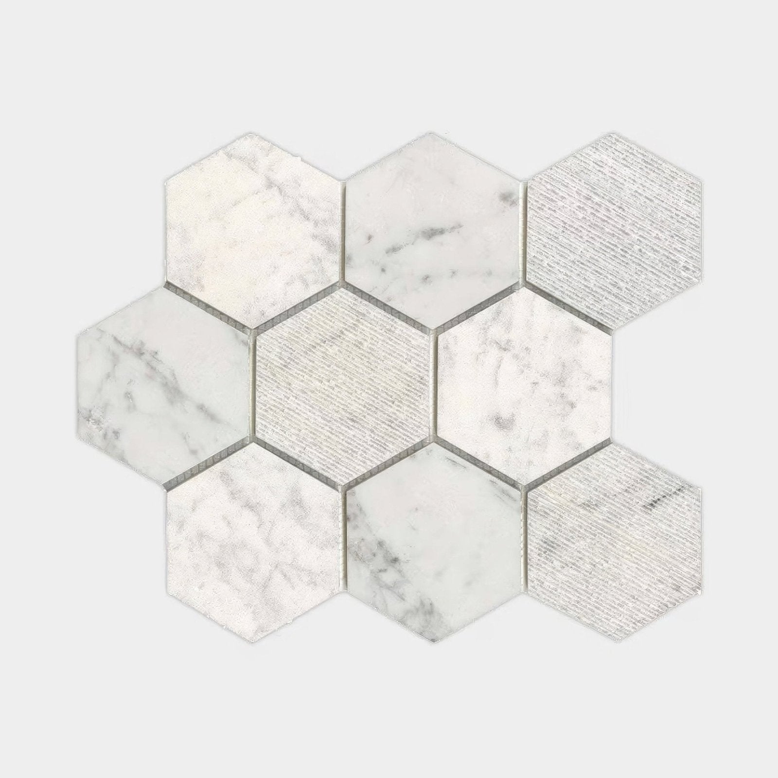 White and gray marble hexagonal mosaic tile with subtle textured finish in world hexagon tex white mosaic design