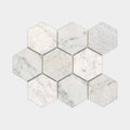 White and gray marble hexagonal mosaic tile with subtle textured finish in world hexagon tex white mosaic design