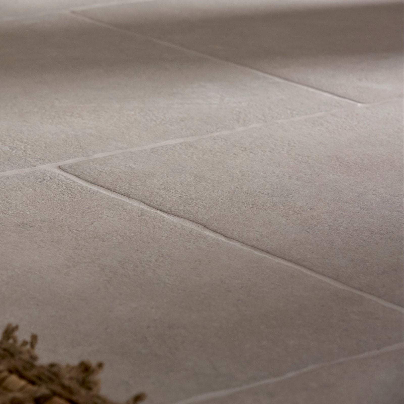 Beige textured wychwood claire porcelain matt floor tiles 60 x 90cm with subtle gray grout lines