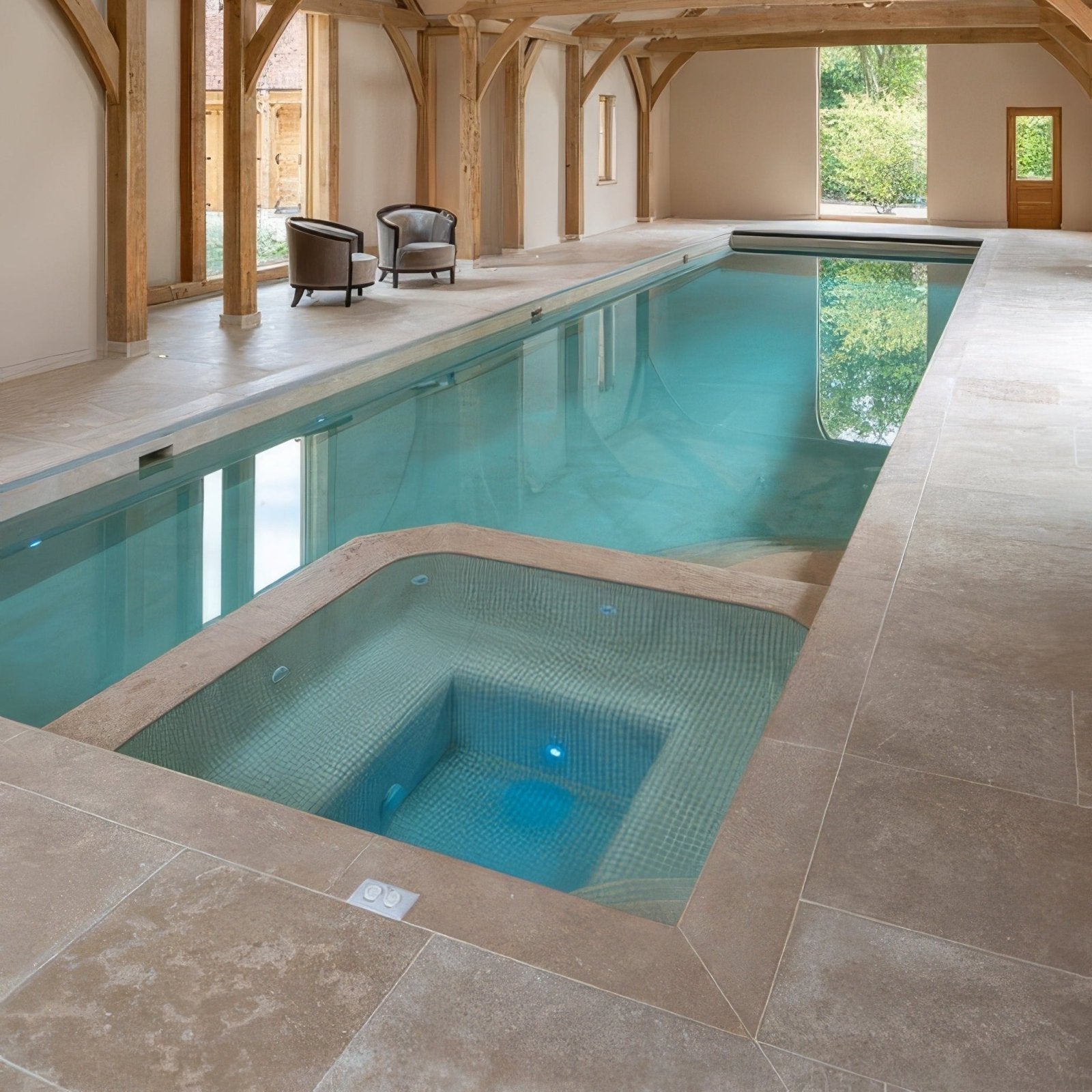 Long indoor swimming pool with built-in hot tub featuring clear turquoise water and wychwood limestone tumbled and etched stone tiles