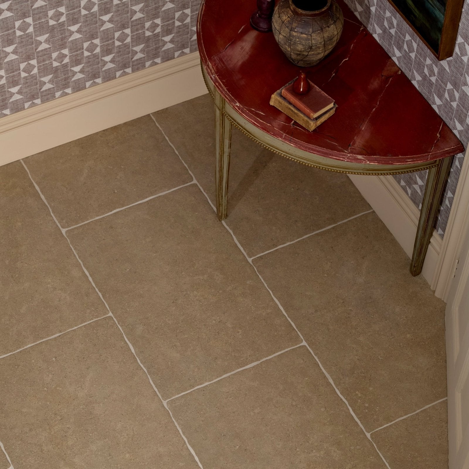 Wychwood porcelain matt beige stone tiles 60 x 90cm with subtle natural veining and white grout lines