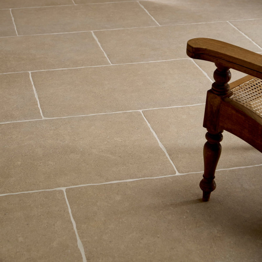 Beige wychwood porcelain matt stone tiles 60 x 90cm with white grout lines for floor and wall use
