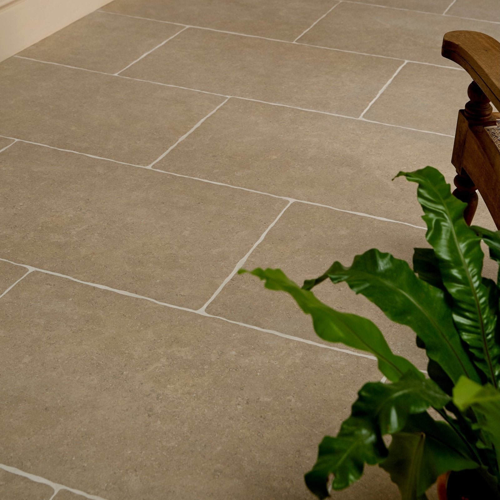 Wychwood porcelain matt grey stone floor tiles 60 x 90cm with white grout lines for durable indoor flooring