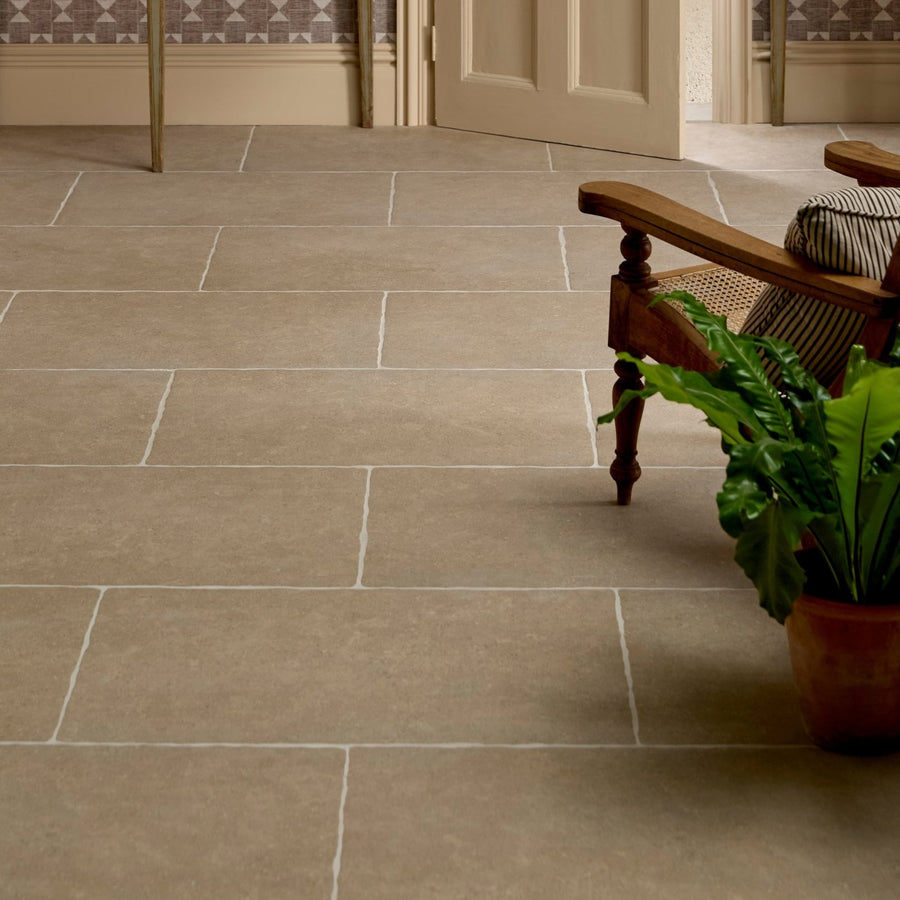 Beige rectangular wychwood porcelain matt stone tiles with subtle veining and light gray grout lines 60 x 90cm