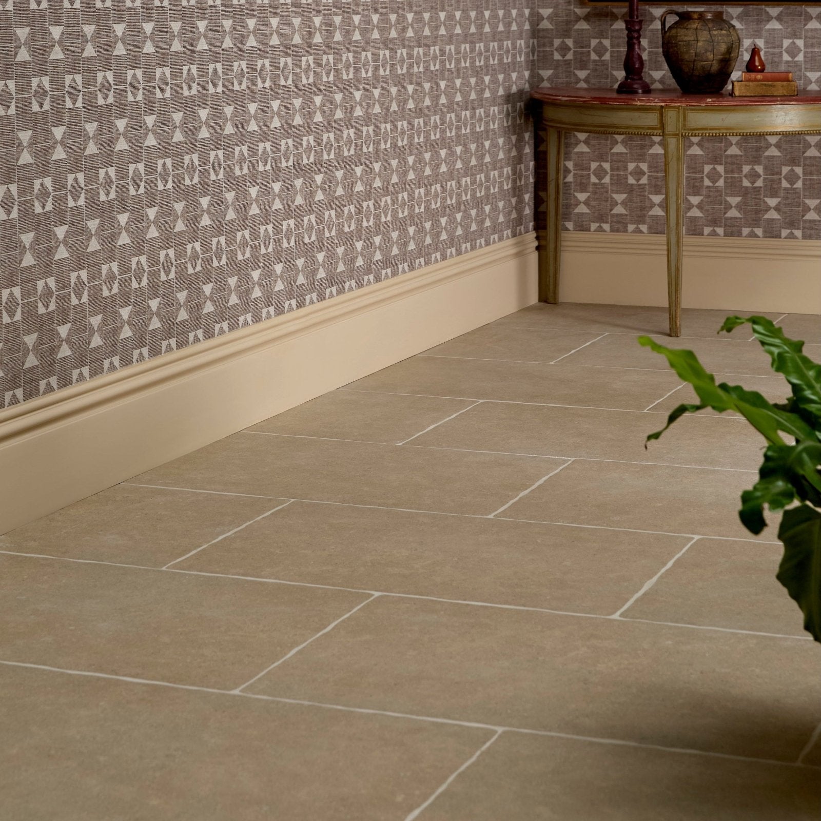 Wychwood porcelain matt beige stone tiles with subtle gray veining and light grout lines 60 x 90cm