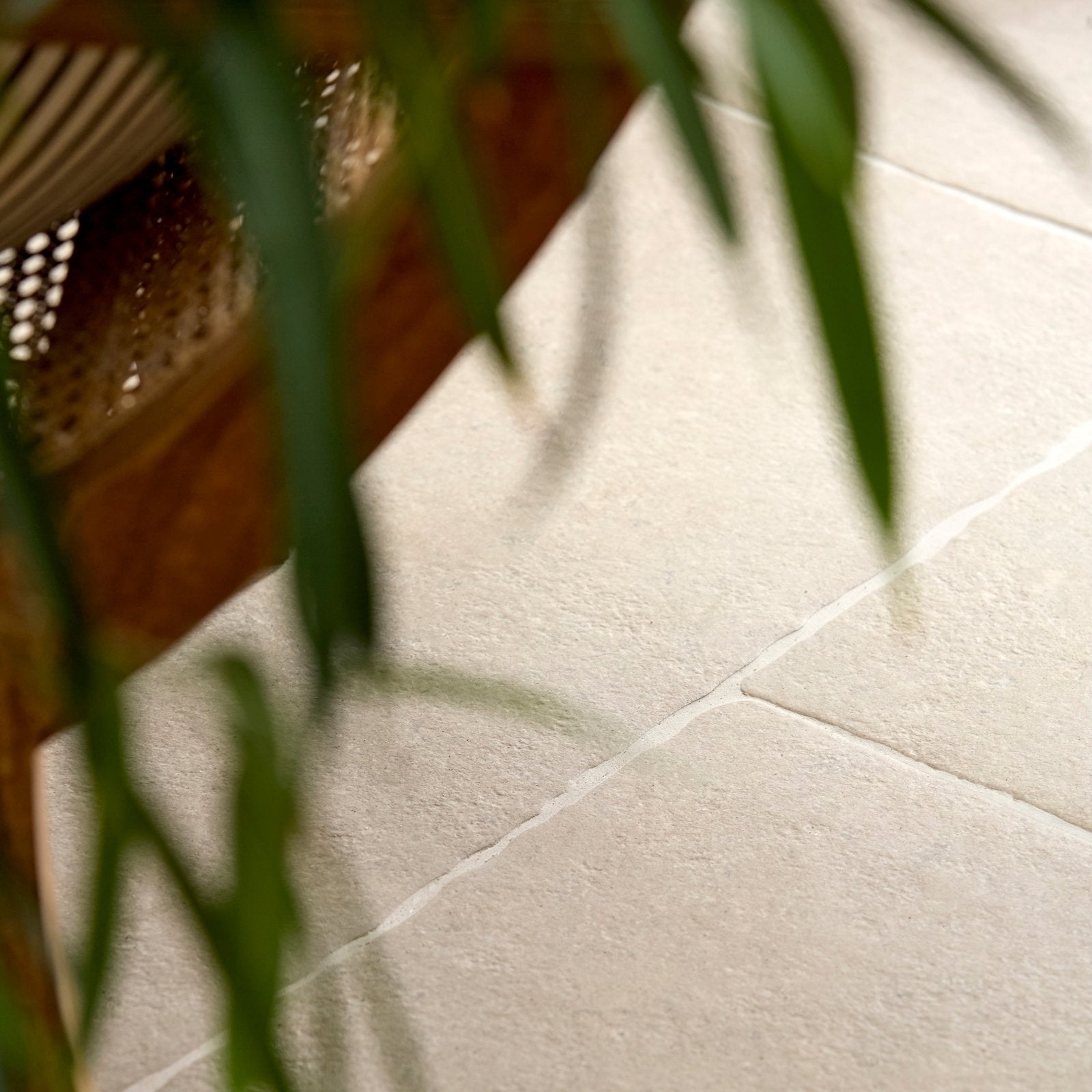 Beige textured wychwood porcelain matt floor tiles 60 x 90cm with subtle white grout lines