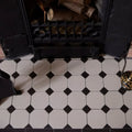 Hexagonal black and white ceramic floor tiles with diamond-shaped accents in york black and dover white colors