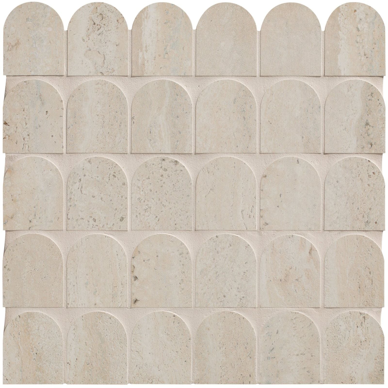Beige zahara porcelain arch mosaic tiles with natural veining and matte finish for elegant wall design