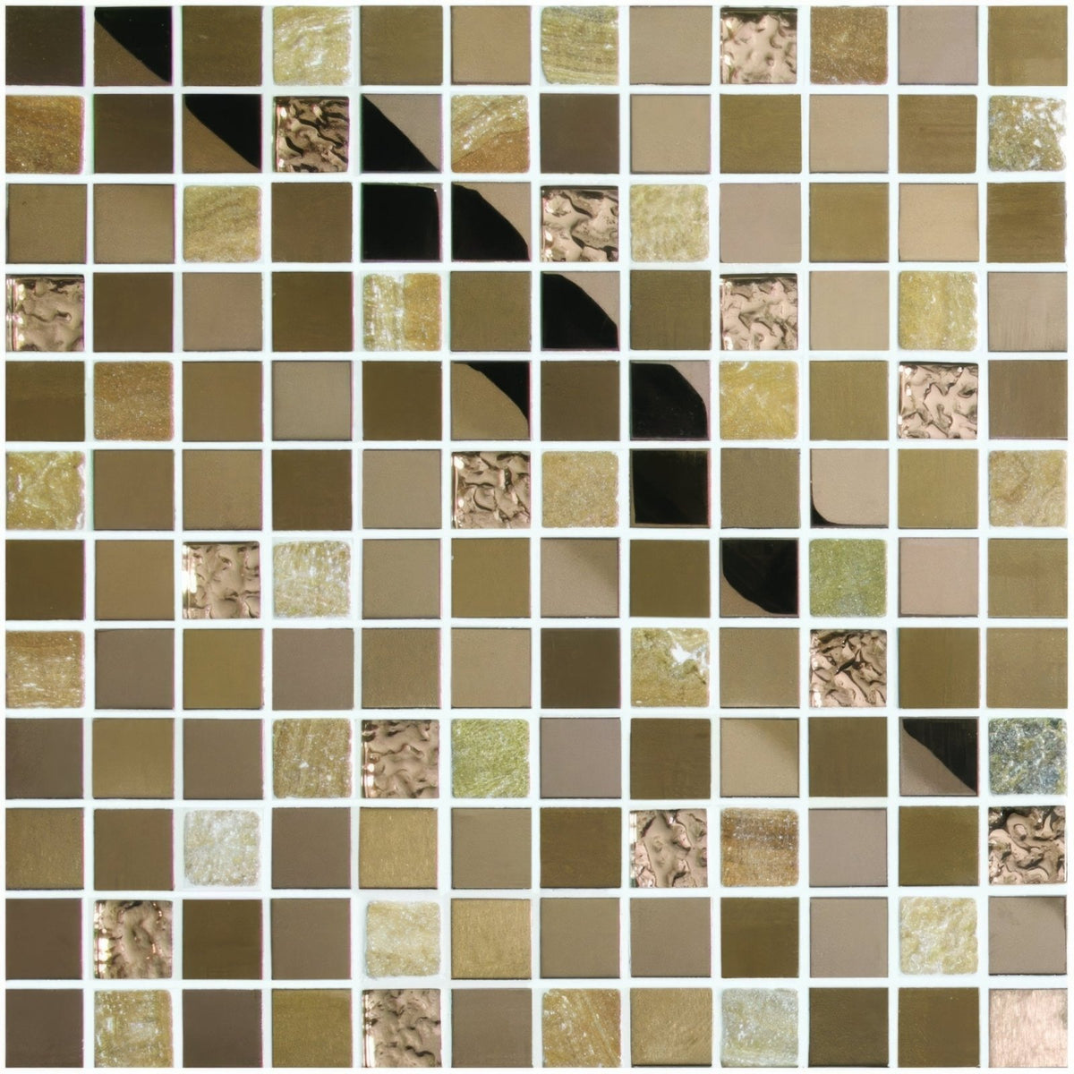 Zamo Earth And Fire mixed mosaics panel with metallic gold bronze and black reflective textured tile squares