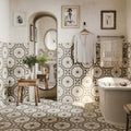 Beige and gray geometric patterned zayda grey matt vitrified ceramic tile wall with vintage aesthetic 450x450mm