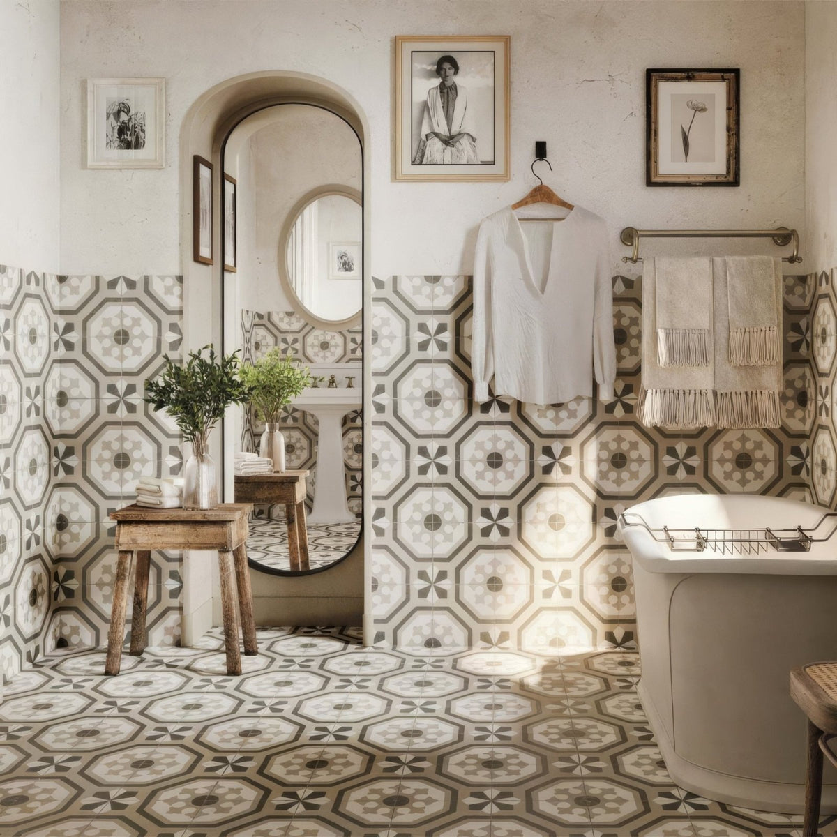 
Beige and gray geometric patterned zayda grey matt vitrified ceramic tile wall with vintage aesthetic 450x450mm
