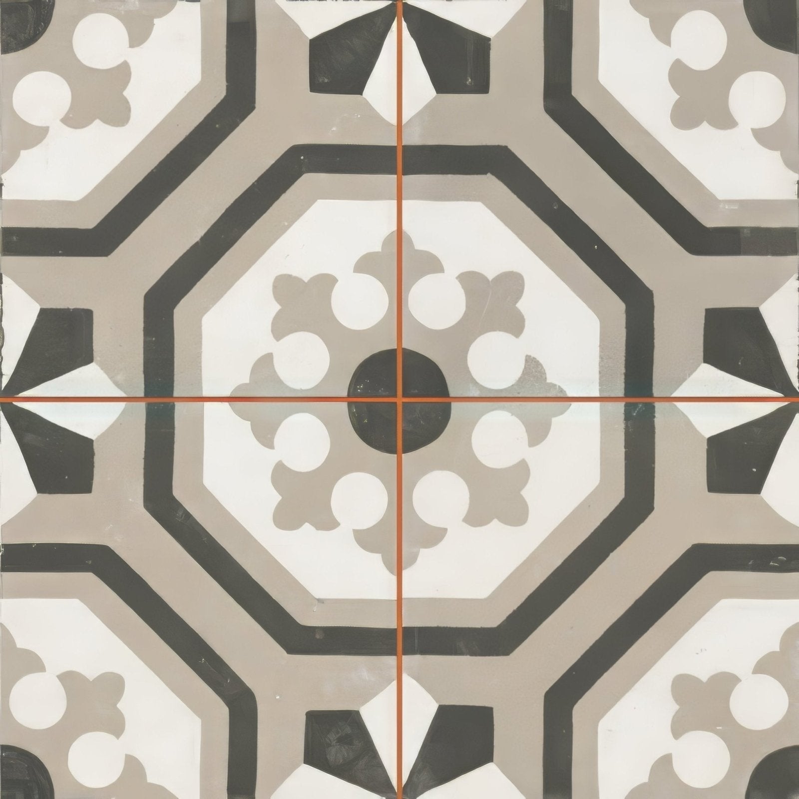 Geometric patterned zayda grey matt vitrified ceramic tile 450x450mm with central black white and gray octagonal design
