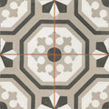 Geometric patterned zayda grey matt vitrified ceramic tile 450x450mm with central black white and gray octagonal design