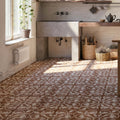 Brown and cream patterned zayda mocha matt vitrified ceramic floor tiles with ornate swirling design 450x450mm