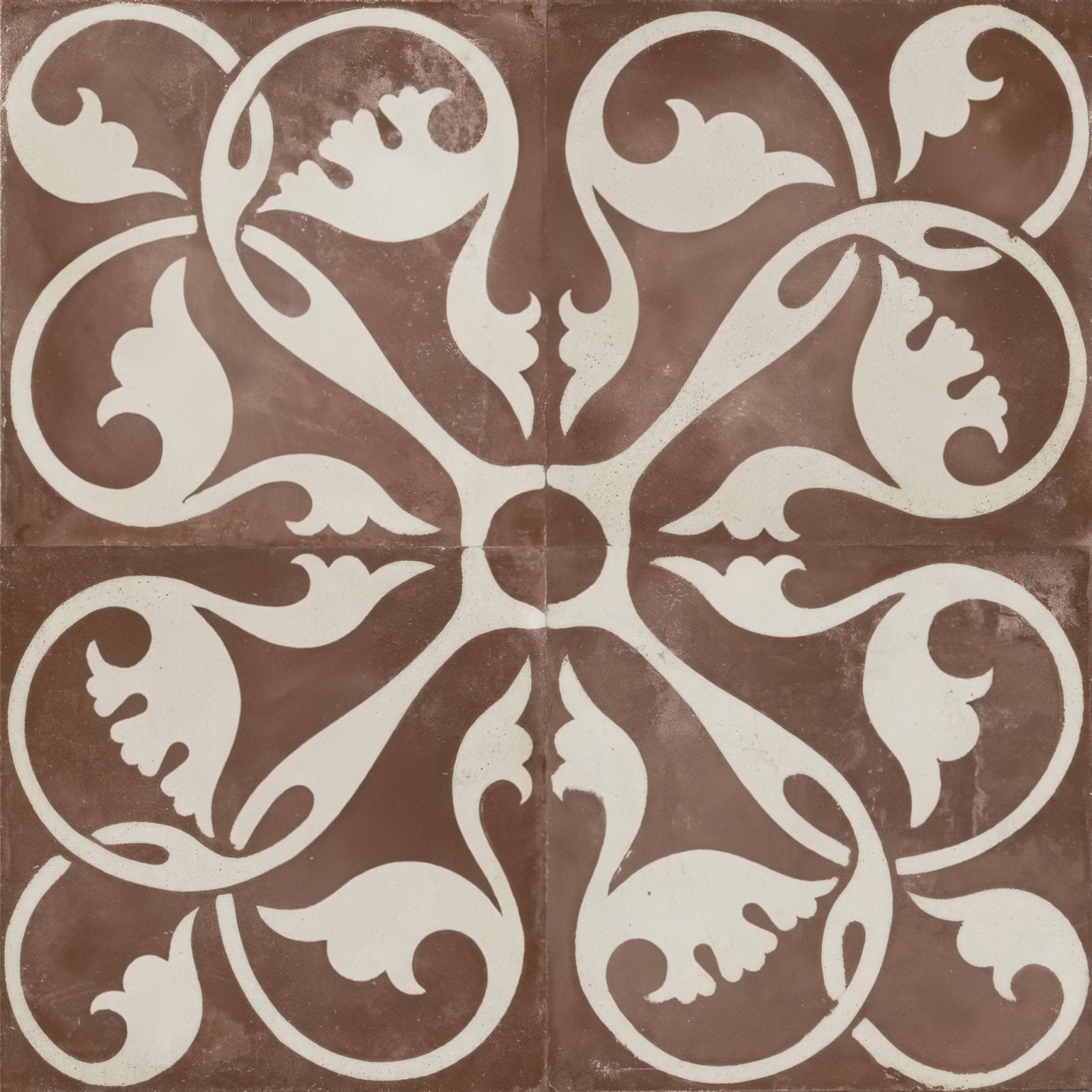 Brown and cream ornate tile with symmetrical floral scrollwork design in zayda mocha matt vitrified ceramic 450x450mm