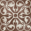 Brown and cream ornate tile with symmetrical floral scrollwork design in zayda mocha matt vitrified ceramic 450x450mm