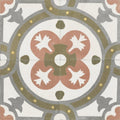 Vintage-style zayda sage multi matt vitrified ceramic tile with symmetrical floral design in terracotta olive green and gray