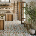 Zayda sage multi matt vitrified ceramic floor tile 450x450mm with intricate floral pattern in terracotta sage green and cream