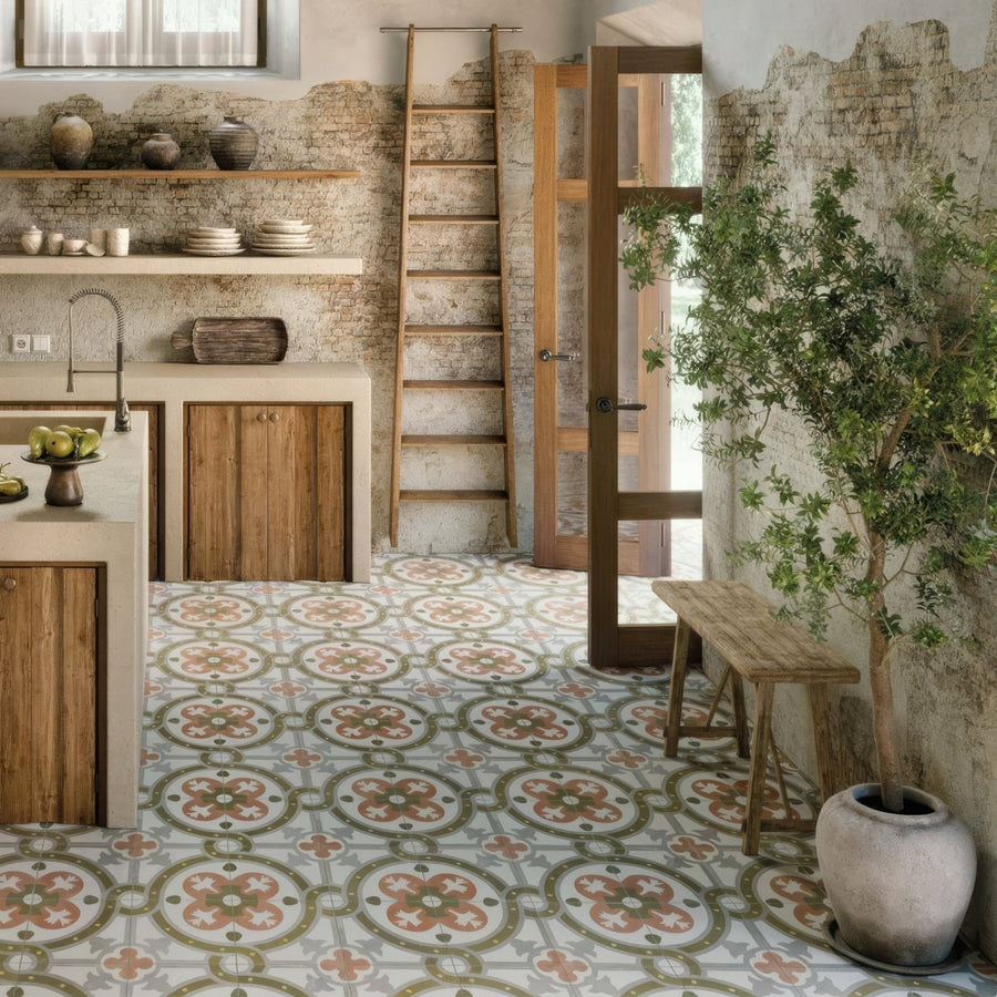 Zayda sage multi matt vitrified ceramic floor tile 450x450mm with intricate floral pattern in terracotta sage green and cream