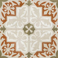 Vintage-style zayda terracotta matt vitrified ceramic tile with intricate floral and geometric patterns in terracotta cream and olive green