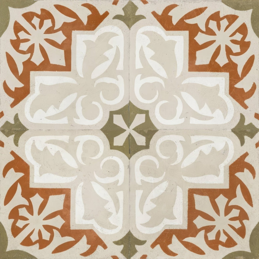 Vintage-style zayda terracotta matt vitrified ceramic tile with intricate floral and geometric patterns in terracotta cream and olive green
