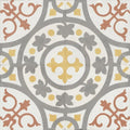 A decorative zayda yellow multi matt vitrified ceramic tile 450x450mm with symmetrical gray yellow and terracotta motifs