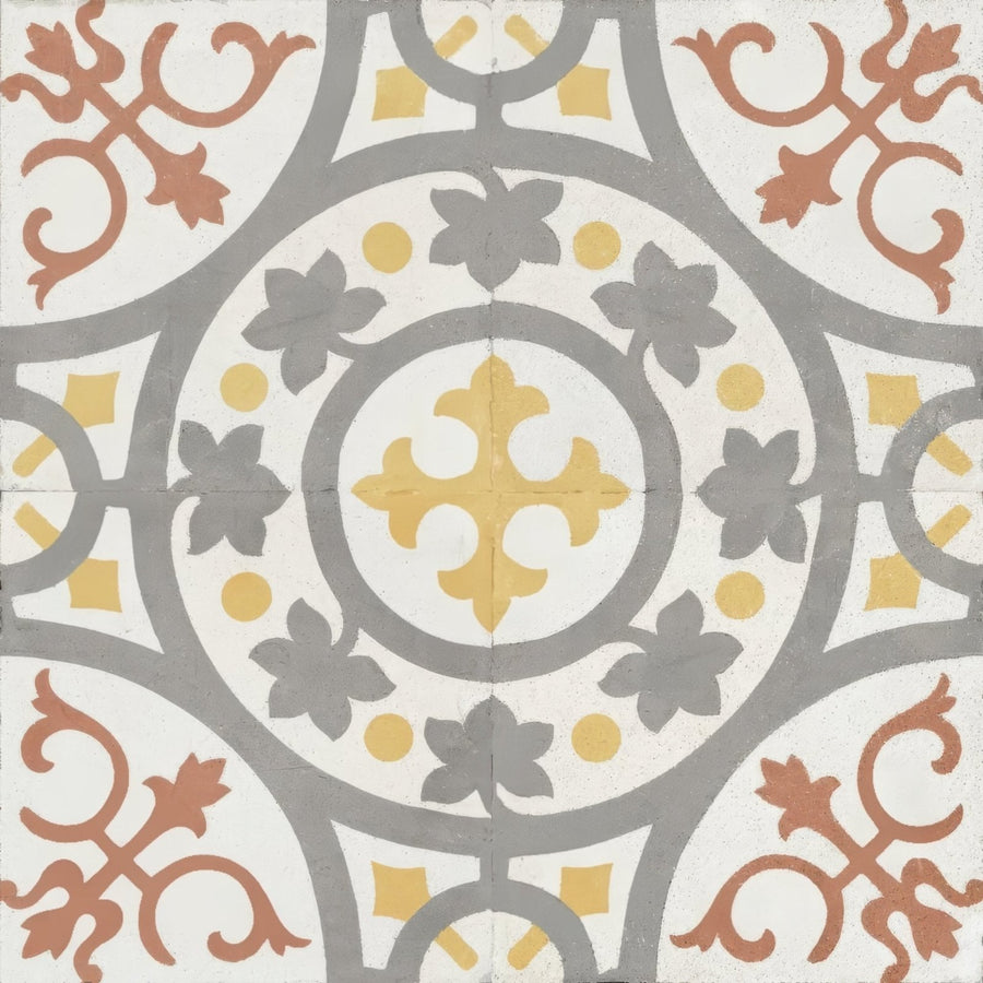 A decorative zayda yellow multi matt vitrified ceramic tile 450x450mm with symmetrical gray yellow and terracotta motifs