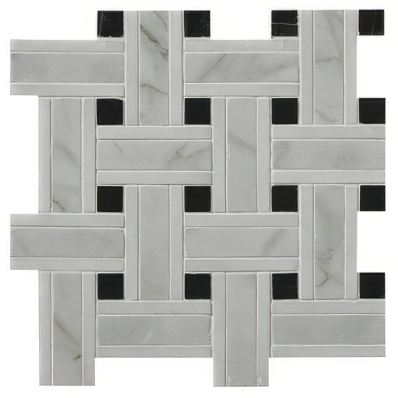 Zen marble grand basket weave mosaic showing gray marble and black mosaic tile in a woven pattern surface