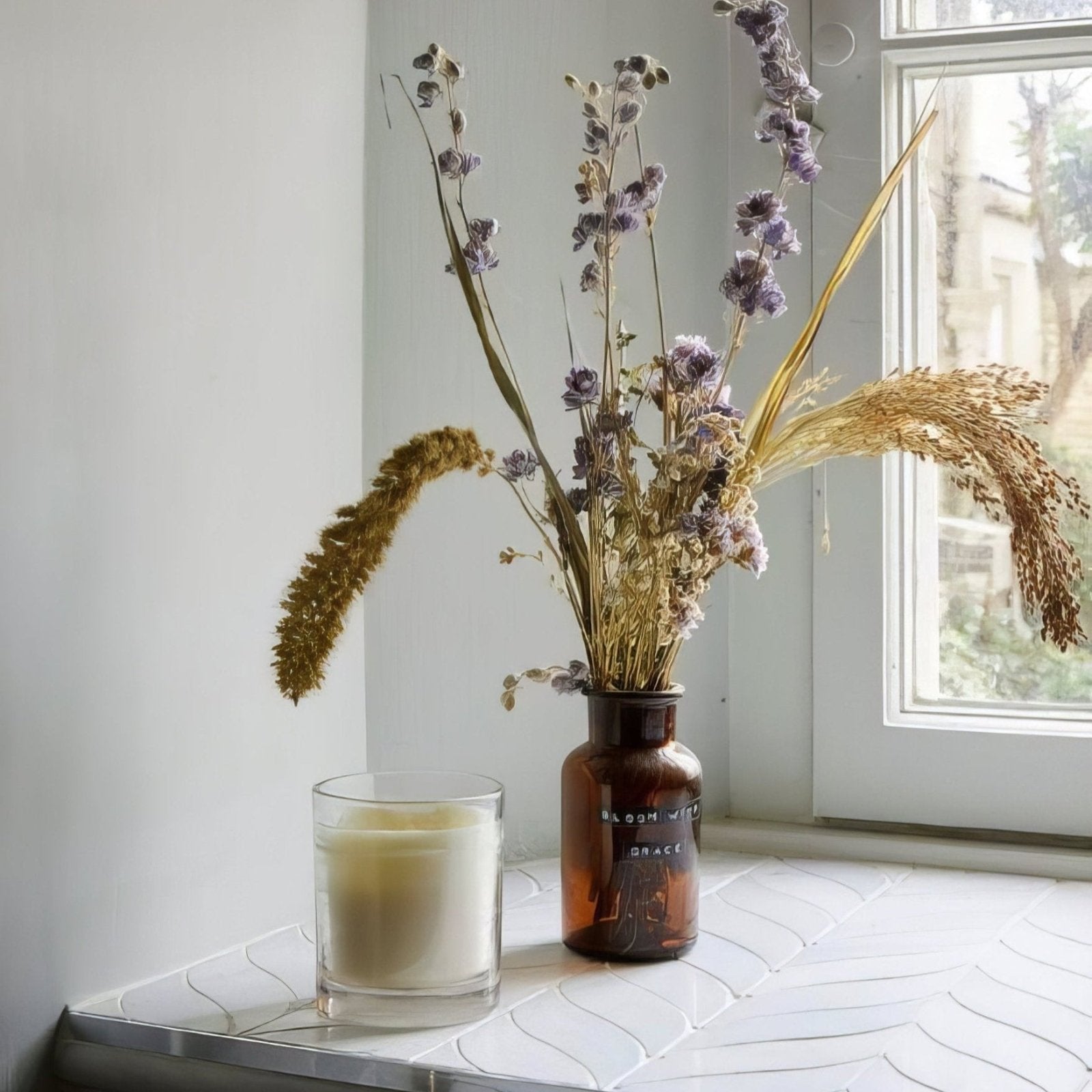 Zen Marble Leaf Mosaic white marble leaf mosaic with a rustic amber bottle of dried flowers