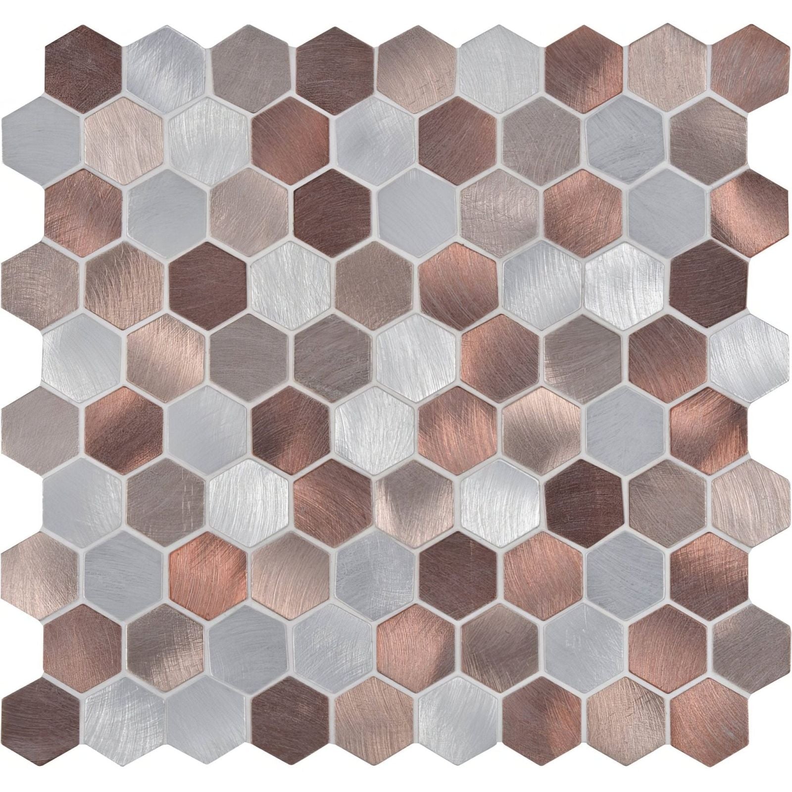 Hexagonal mosaic tile panel with a brushed metallic finish in rose gold copper and silver for wall decoration Zenith Copper Aluminium Mosaic