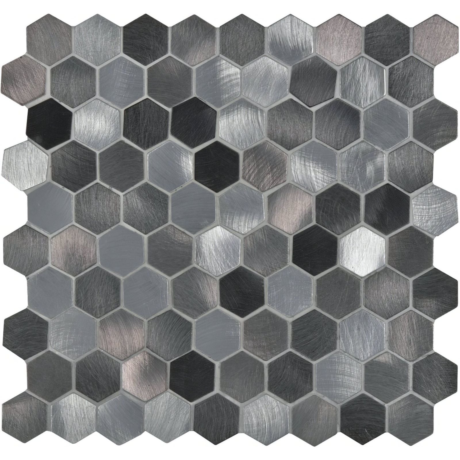 Hexagonal metallic mosaic tile with brushed silver and dark gray finish in zenith silver aluminium mosaic design