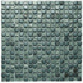 Zoe 30 x 30cm teal metallic mosaic tile panel with textured square tiles featuring subtle patterns and a glossy finish