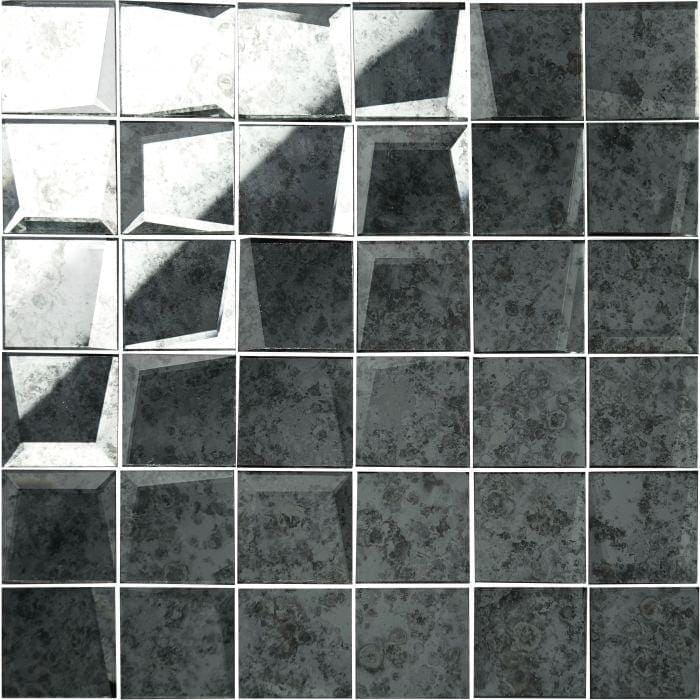 Dark gray 50mm facet mosaic antique mirror tile with textured geometric pattern and subtle metallic sheen