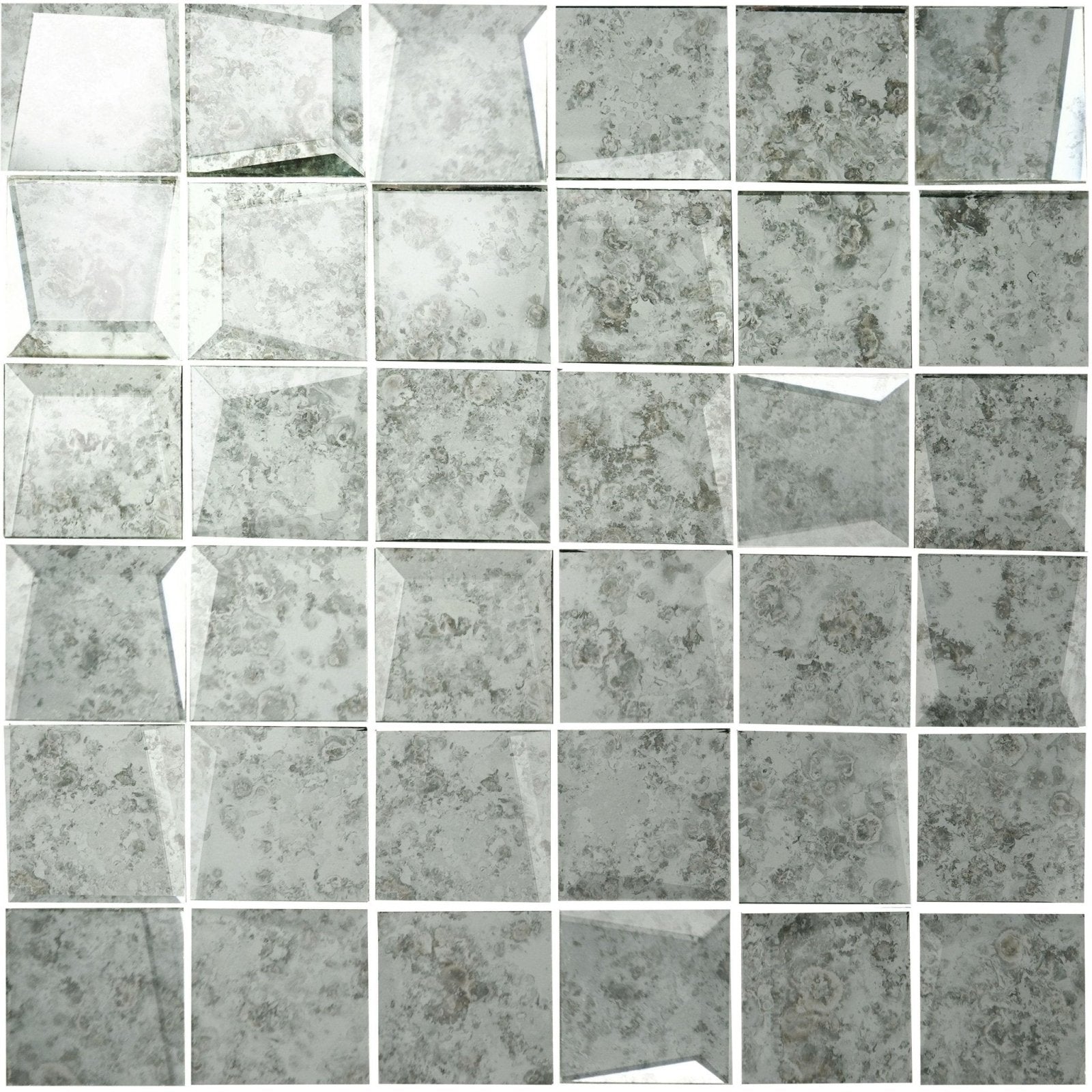 Silver-toned distressed 50mm facet mosaic antique mirror tiles with vintage patina and subtle floral patterns