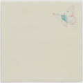 A delicate watercolor blue and pink butterfly illustration on a pale cream ceramic tile titled amethyst aurora pastel on palomino