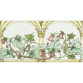 A delicate floral wallpaper border with climbing pink bellflowers green leaves and gold arches on brilliant white