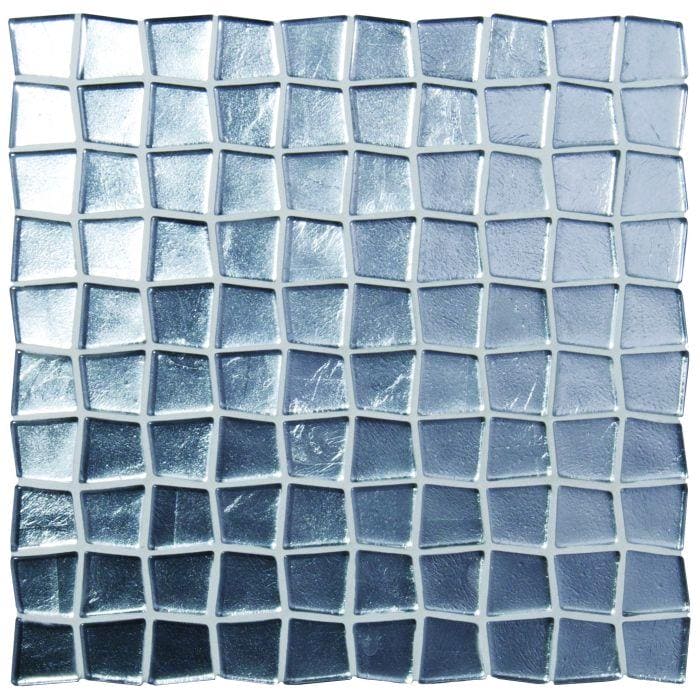 Ares silver foil mosaic silver-toned glass mosaic tile with metallic sheen and irregular square pieces in grid pattern