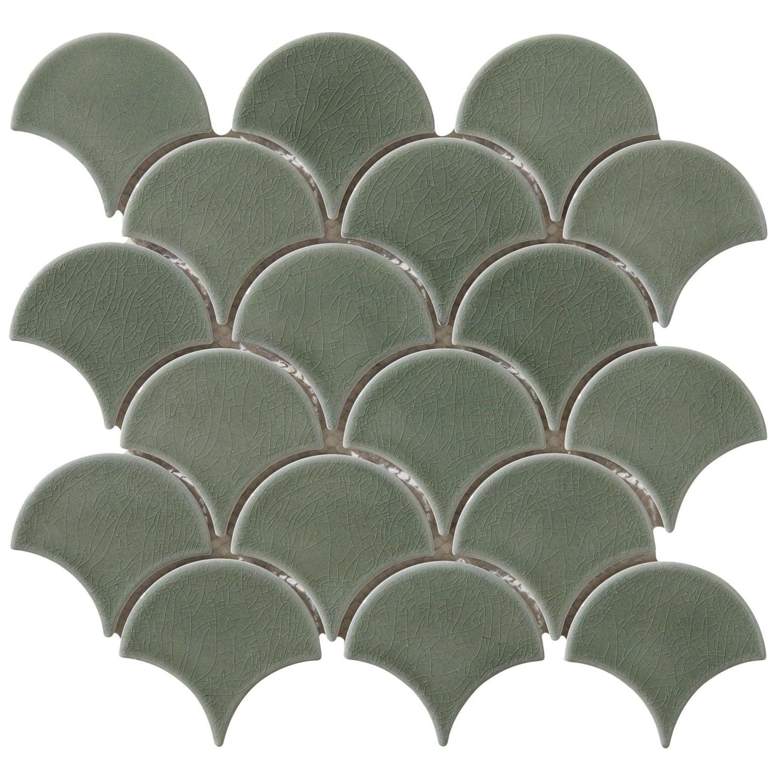Slate green ceramic fish scale mosaic tile with crackled glaze finish in atlantis porcelain mosaic thyme design